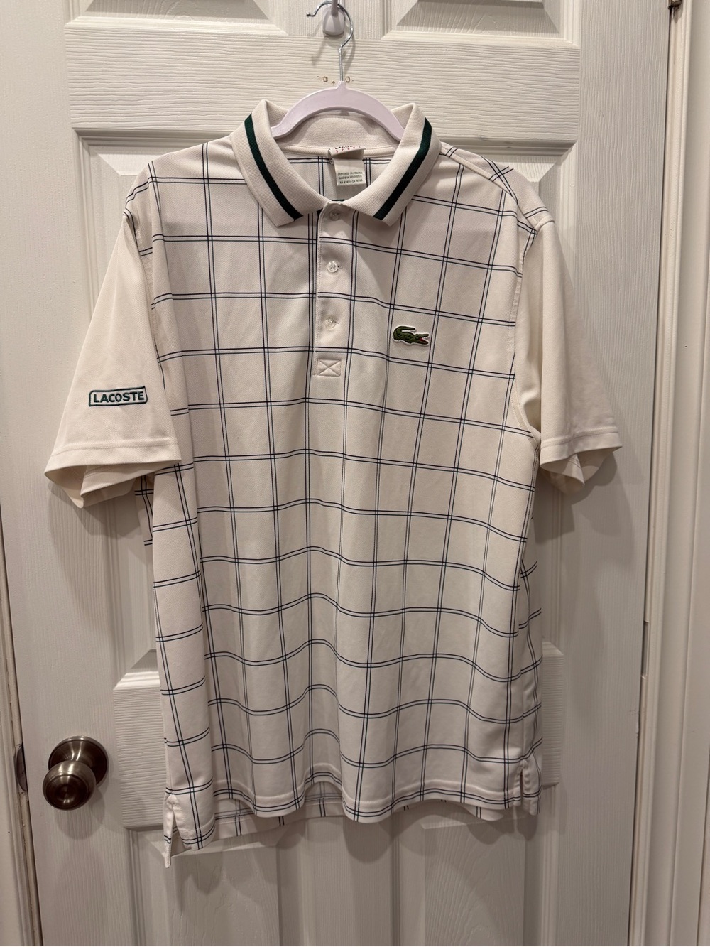 Lacoste Men's Cream Grid Polo with Green Trim Andy Roddick collab. Golf & tennis